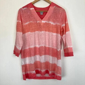 Chicos Linen Tie-Dye Striped Tunic Size 0/SM Calypso Coral 3/4 Sleeve Knit